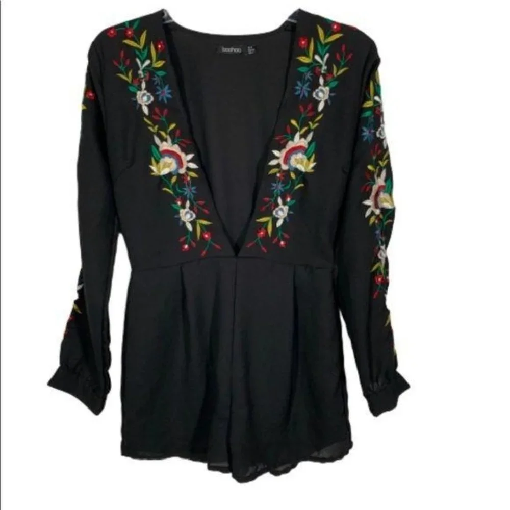 BOOHOO Floral Embroidered Long Sleeve Romper Black Size 4 - Picture 1 of 6